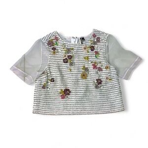Topshop embroidered, white stripe pattern sequin floral blouse with sheer sleeve